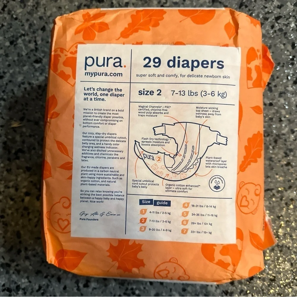 Pura Size 2 7-13 lbs. Eco-Friendly 29 Diapers Cotton Plant Based Allergy Free